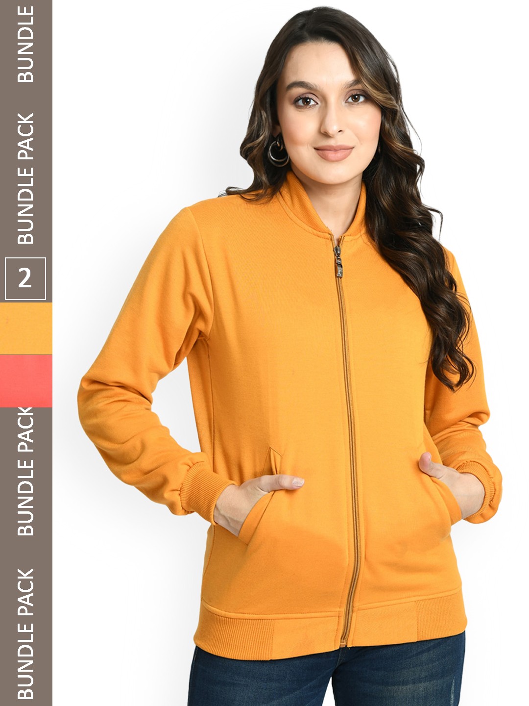

IndiWeaves Pack Of 2 Fleece Lightweight Longline Bomber Jacket, Orange