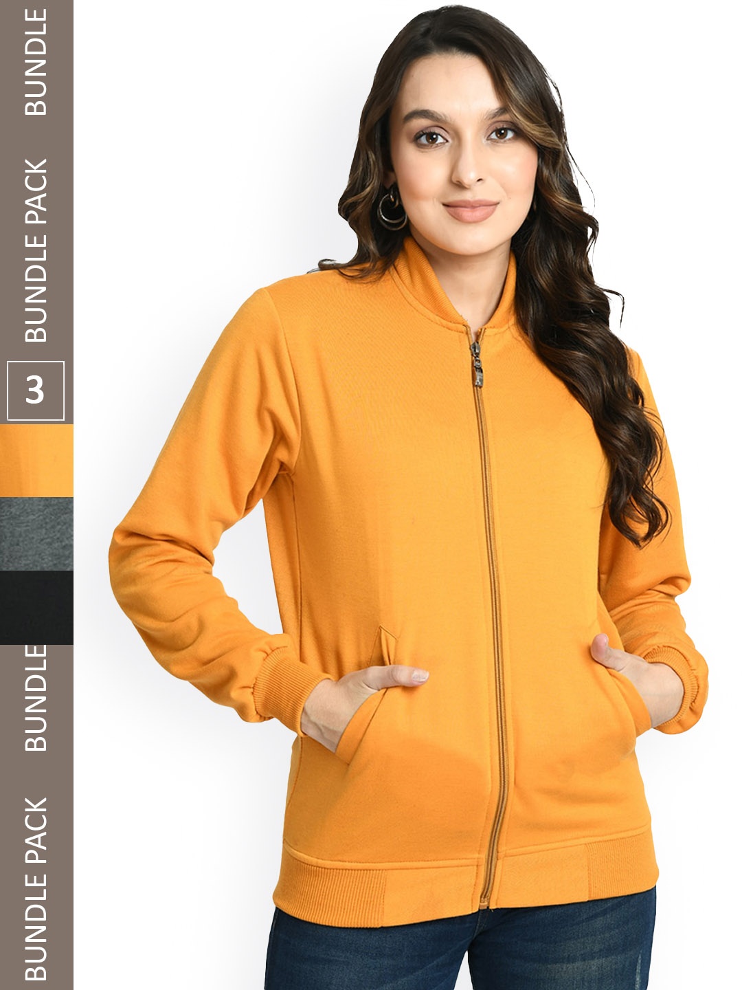 

IndiWeaves Pack Of 3 Fleece Lightweight Longline Bomber Jacket, Orange
