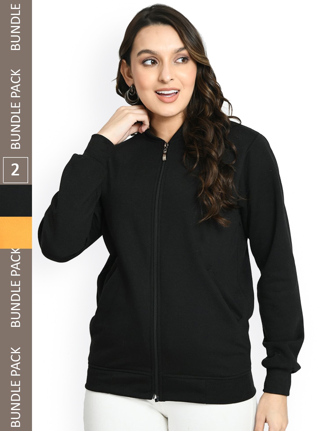 

IndiWeaves Pack Of 2 Stand Collar Lightweight Fleece Regular Tailored Jacket, Black