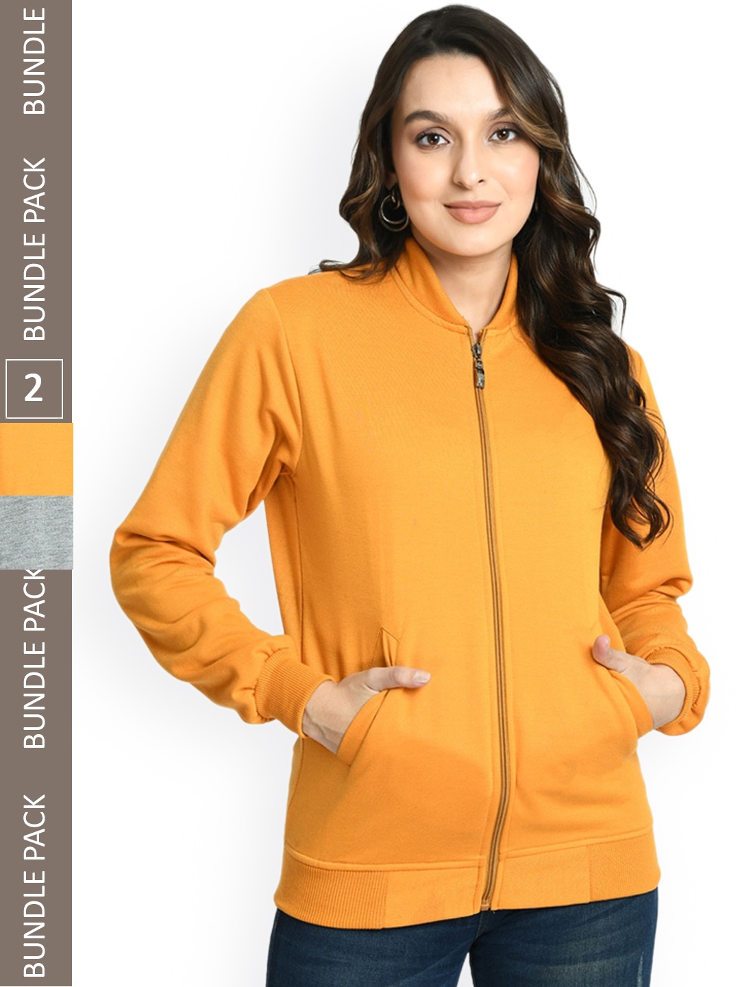

IndiWeaves Pack of 2 Stand Collar Fleece Light Weight Open Front Jackets, Yellow