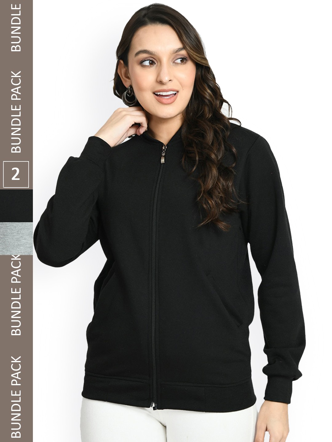 

IndiWeaves Pack of 2 Stand Collar Fleece Light Weight Open Front Jackets, Black