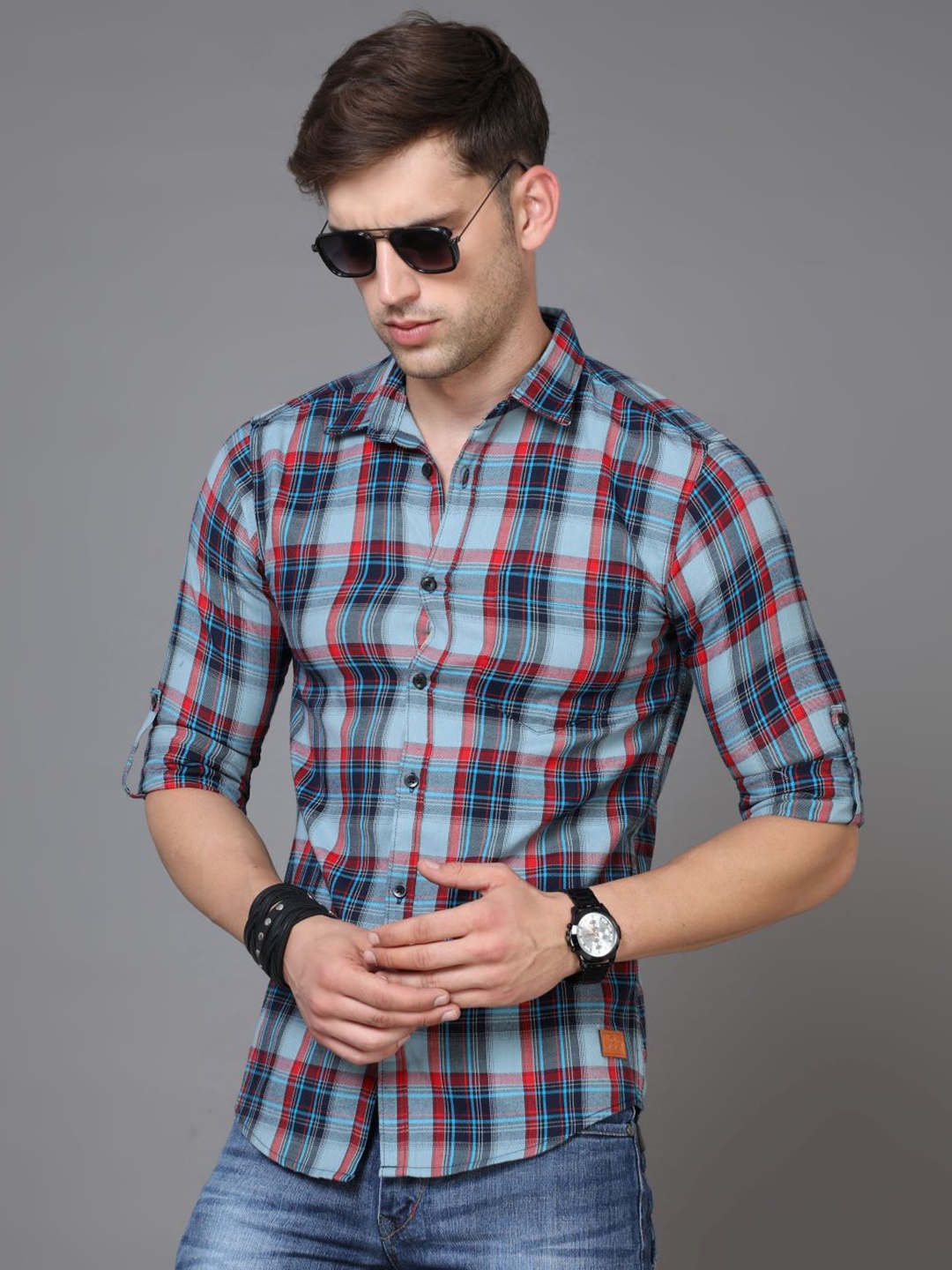

Tallwalker Standard Tartan Checked Cotton Casual Shirt, Grey melange