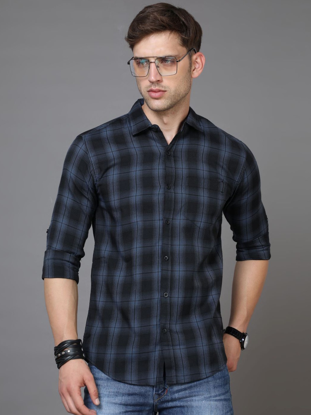 

Tallwalker Standard Buffalo Checked Cotton Casual Shirt, Grey