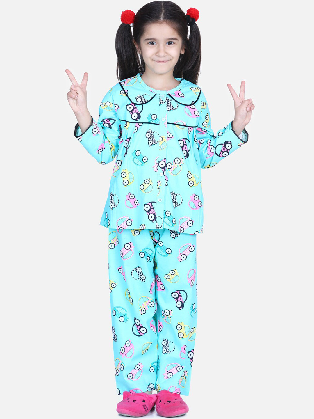 

BownBee Girls Conversational Print Pure Cotton Night Suit, Blue