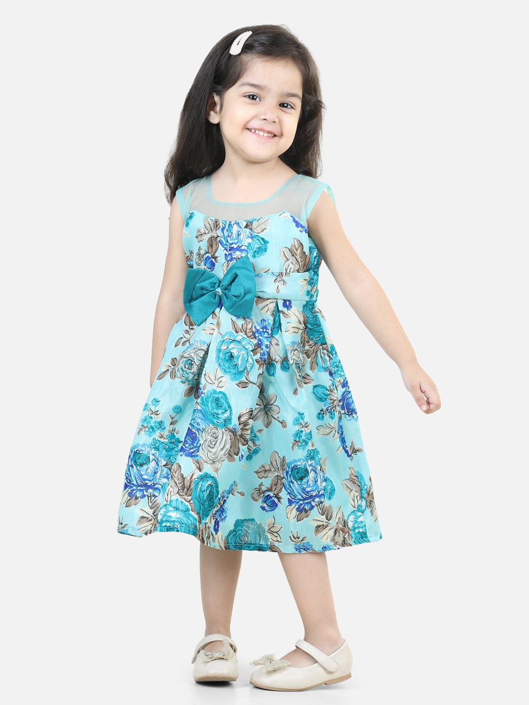 

BownBee Girls Floral Printed Round Neck Bow Fit & Flare Dress, Blue