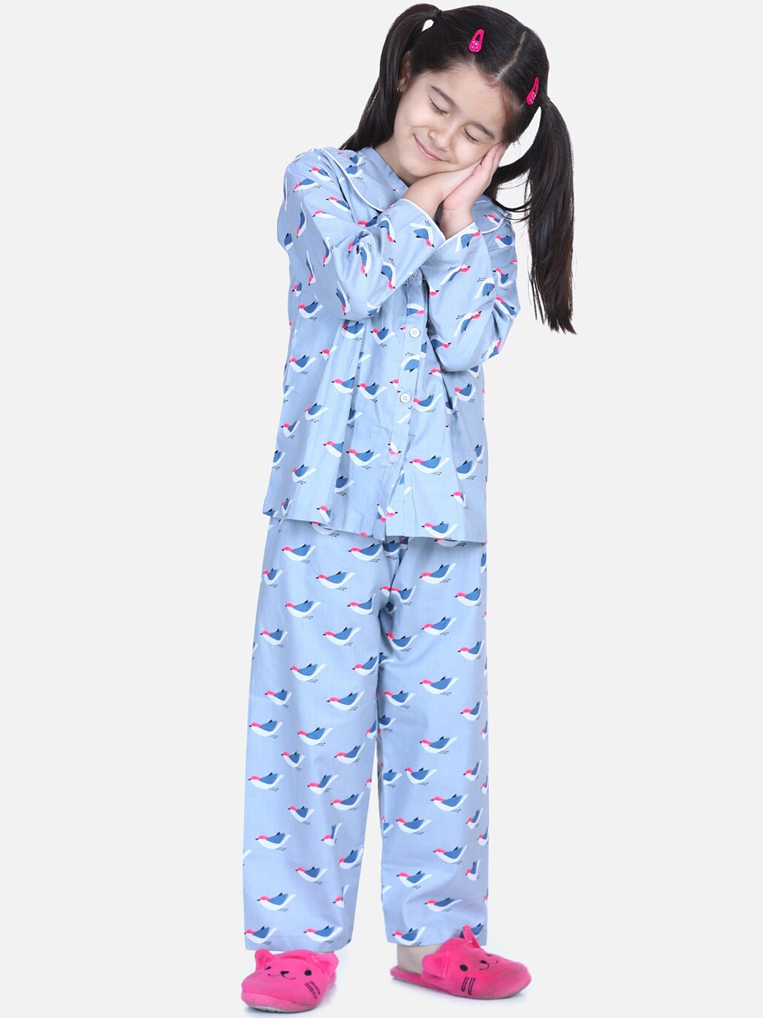 

BownBee Girls Conversational Print Pure Cotton Night Suit, Grey