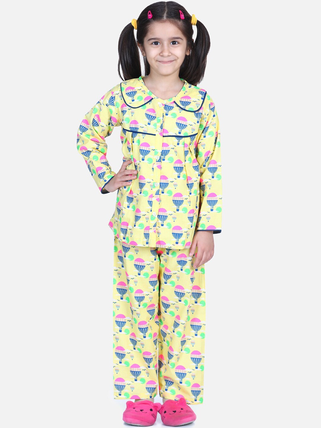 

BownBee Girls Conversational Print Pure Cotton Night Suit, Yellow