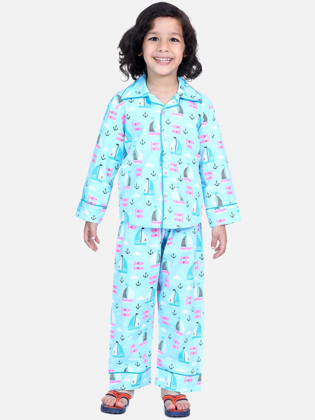 

BownBee Boys Printed Full Sleeve Pure Cotton Night Suit, Blue