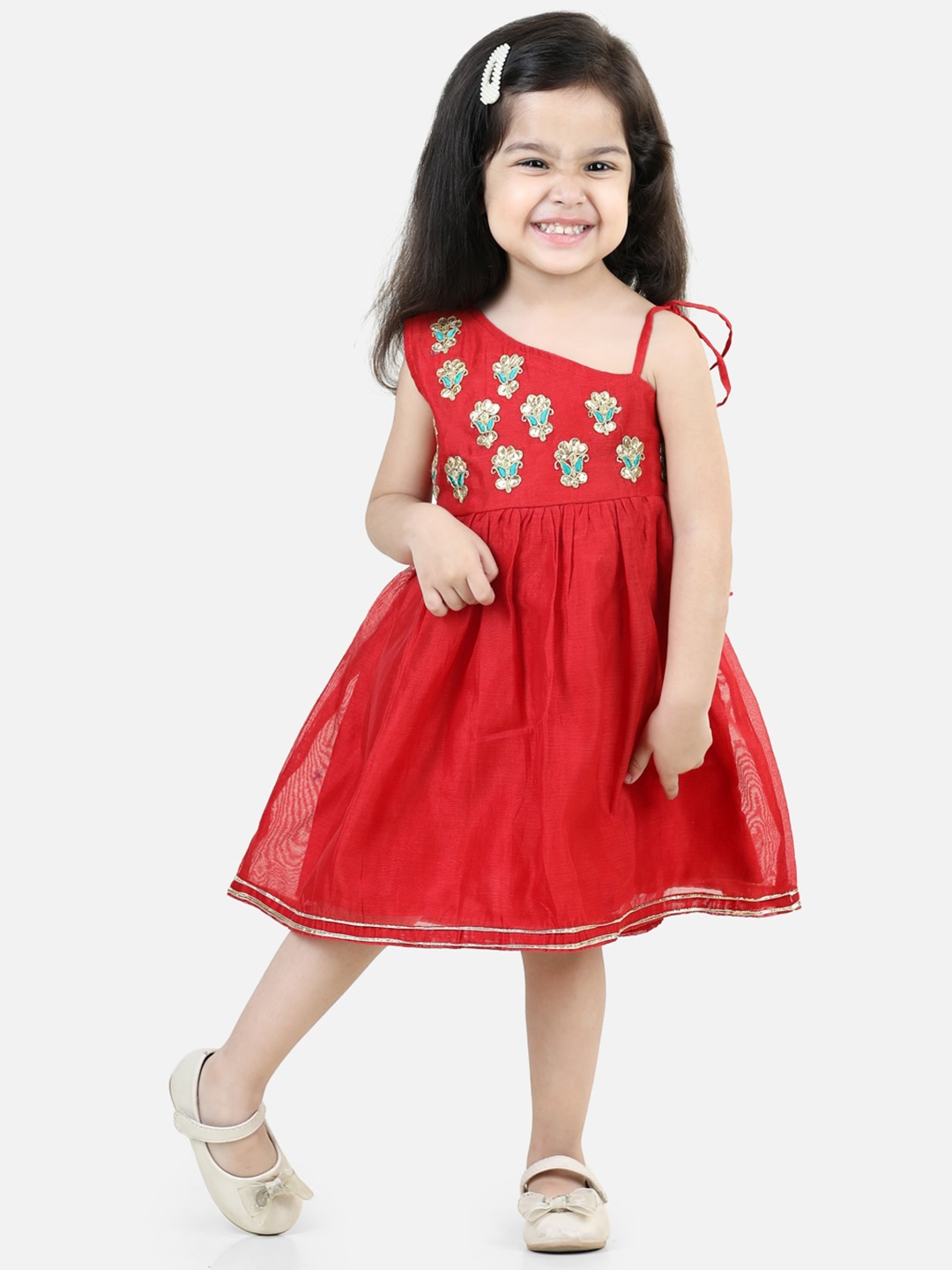 

BownBee Girls Ethnic Motifs Embroidered Shoulder Straps Gathered Fit & Flare Dress, Red