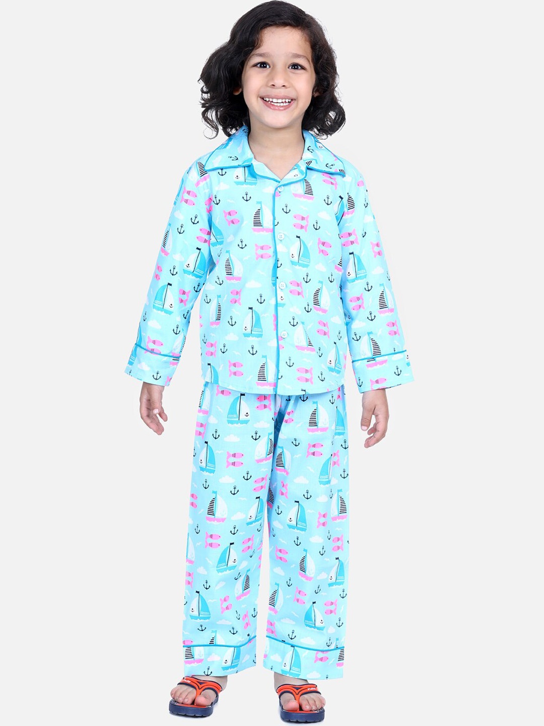 

BownBee Boys Conversational Printed Pure Cotton Night suit, Blue