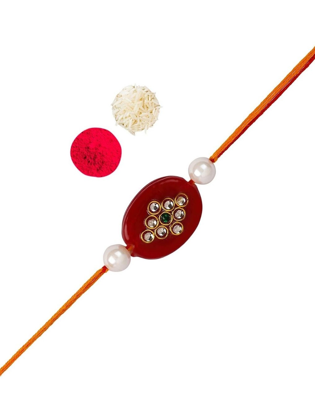 

AccessHer Stone-Studded & Pearl-Beaded Charm Rakhi, Gold