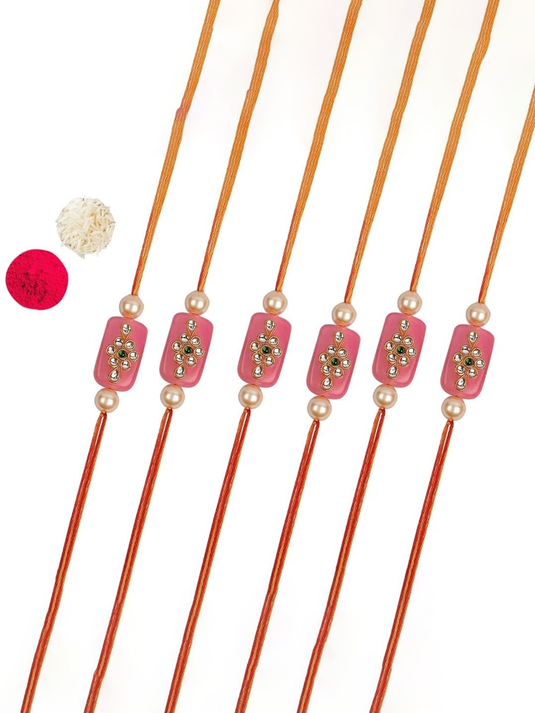

AccessHer Set of 6 Stone-Studded & Beaded Rakhis With Roli & Chawal, White
