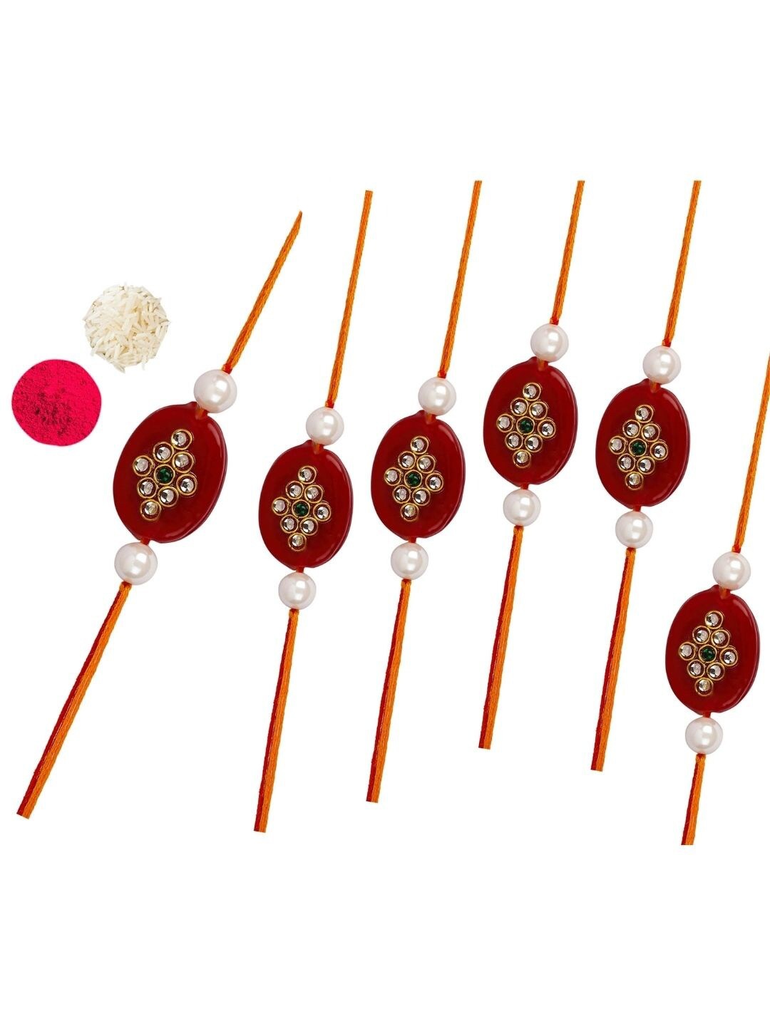 

AccessHer Set Of 6 Stone-Studded & Beaded Rakhis, White