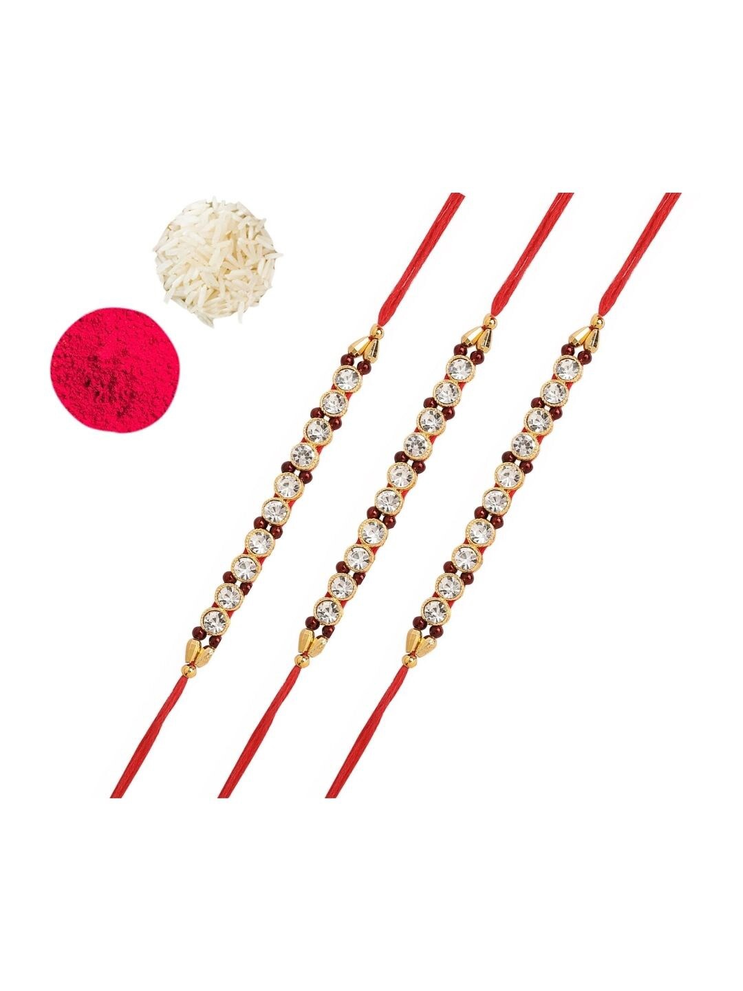 

AccessHer Set of 3 Rhinestone-Studded & Beaded Rakhis With Roli & Chawal, Gold