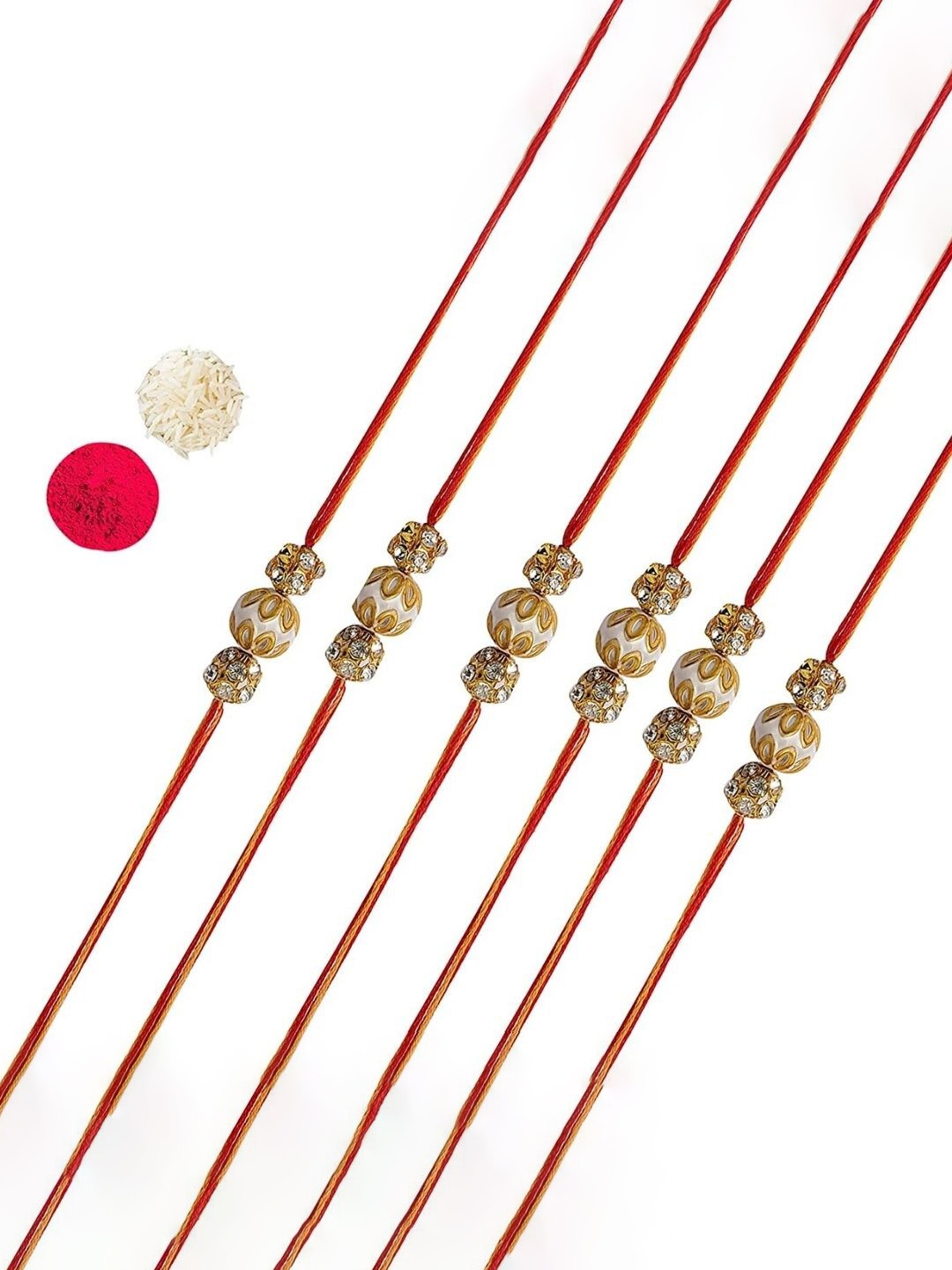 

AccessHer Set of 6 Stone-Studded & Pearl Beaded Rakhis, White