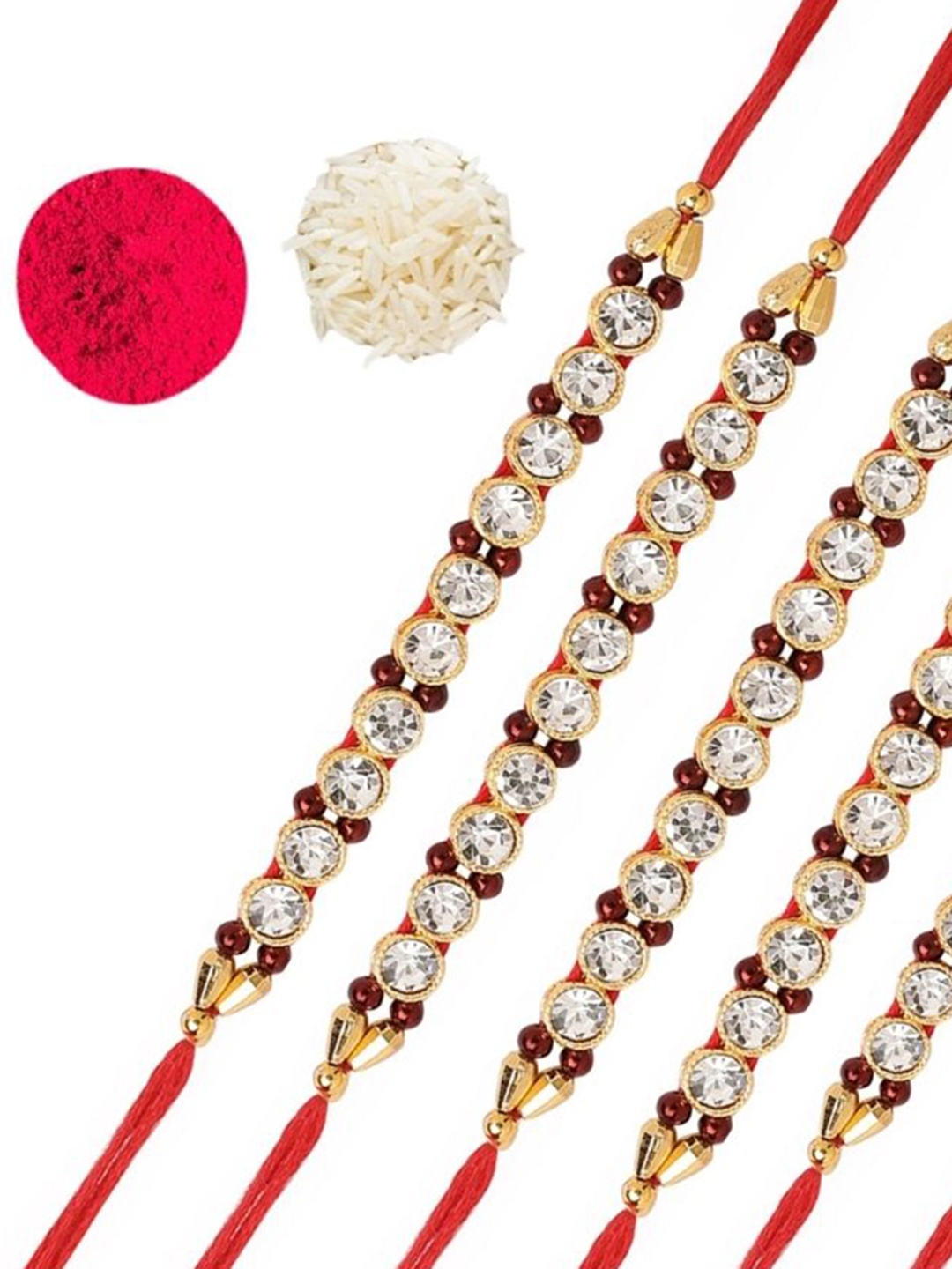 

AccessHer Set of 6 Rhinestone-Studded & Beaded Rakhis With Roli & Chawal, White