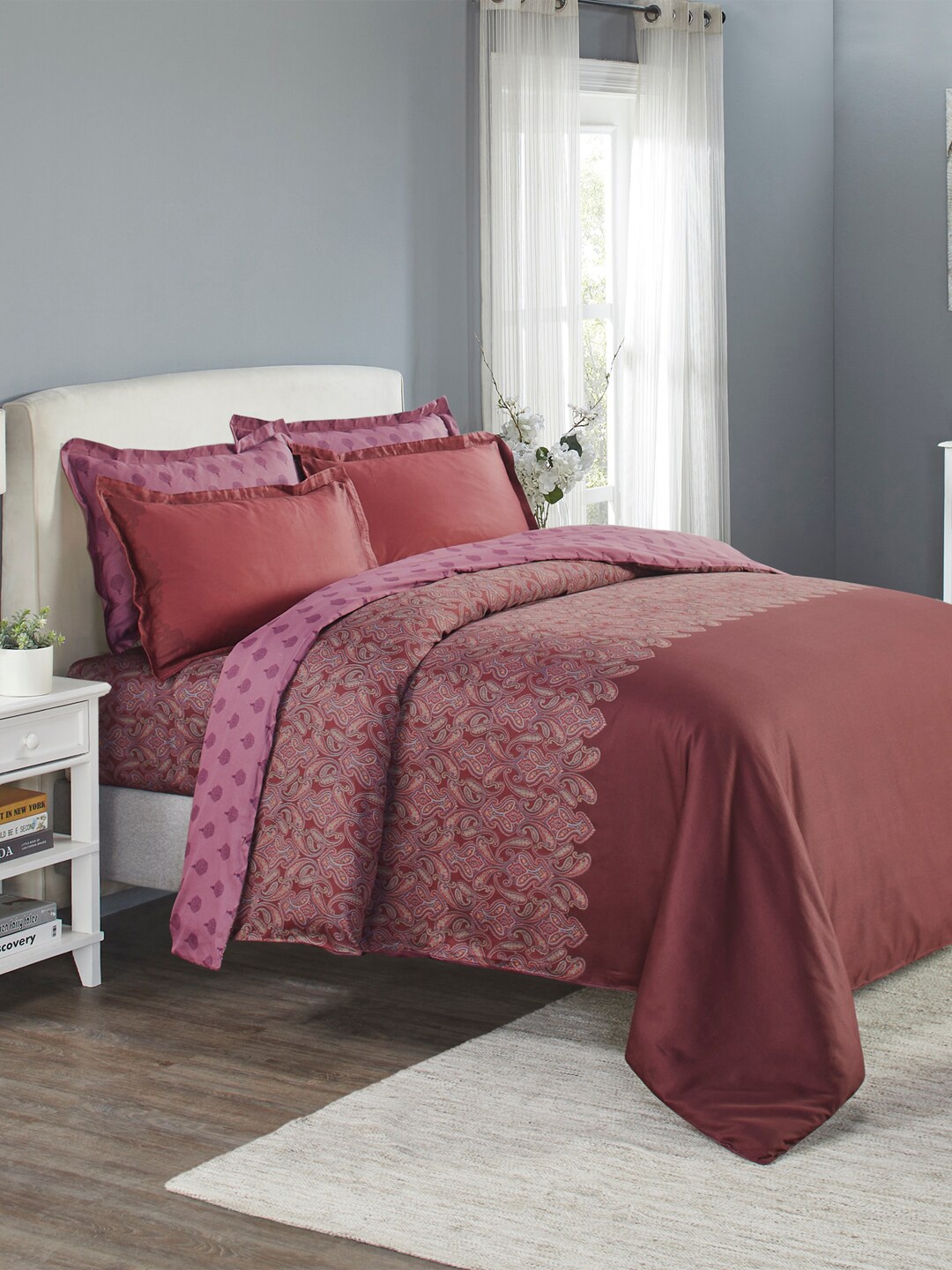 

MYTRIDENT Maroon 6-Pieces 210 TC Cotton Double King Bedding Set