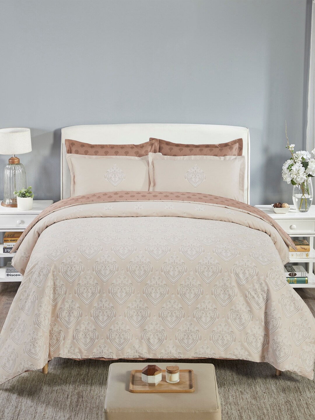 

MYTRIDENT Beige Brown 6-Pieces 210 TC Cotton Double King Bedding Set