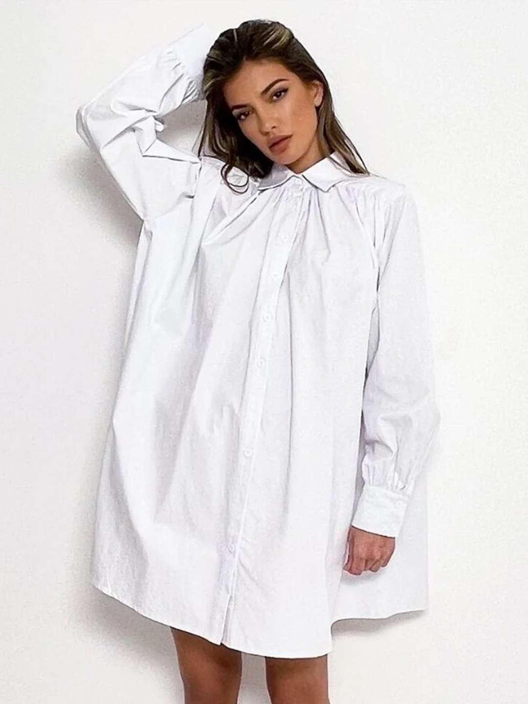 

Styched Gathered Cotton Boxy Shirt Dress, White