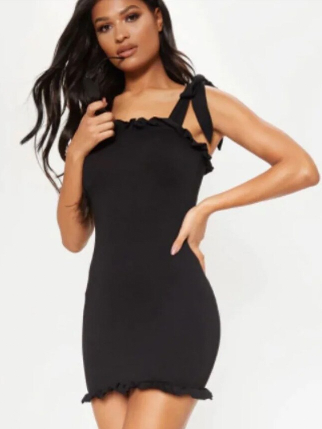 

Styched Shoulder Strapped Mini Bodycon Dress, Black