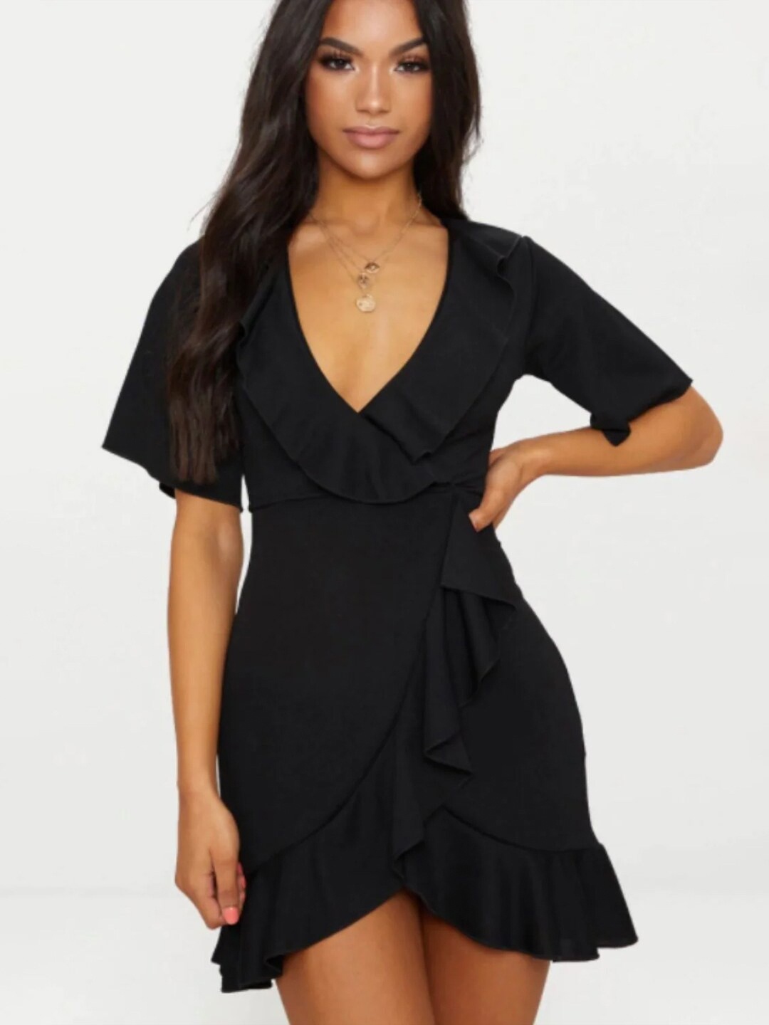 

Styched V Neck Flared Sleeve Ruffled Wrap Dress, Black