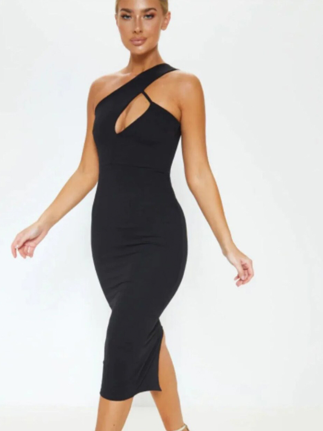 

Styched Asymmetrical Neck Line Bodycon Midi Dress, Black