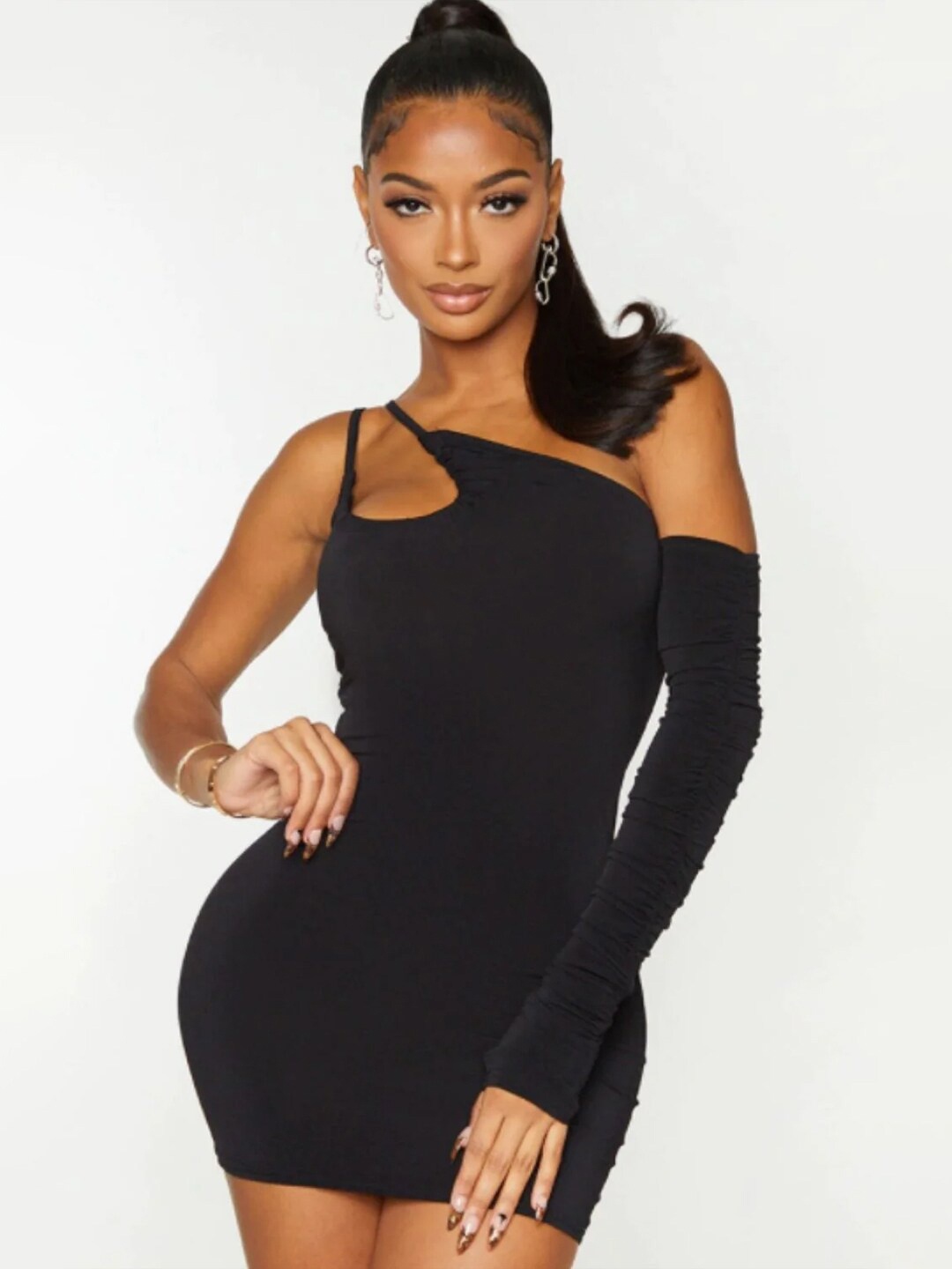 

Styched Asymmetrical Neckline Bodycon Mini Dress, Black