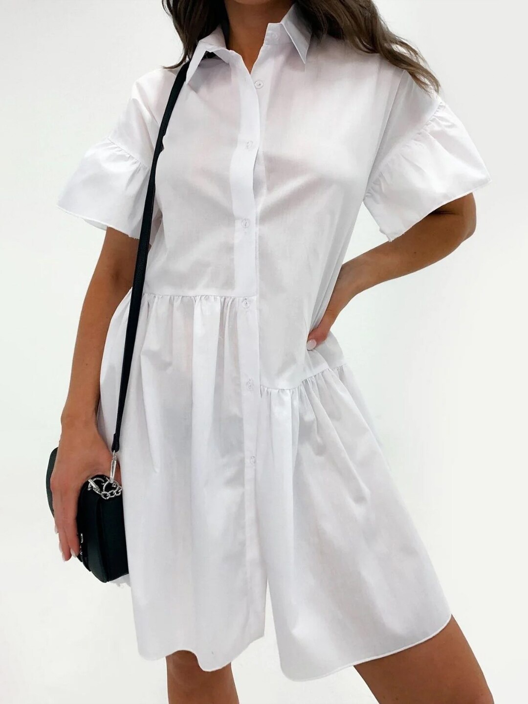 

Styched White Shirt Collar Button-Down Cotton Shirt Dress