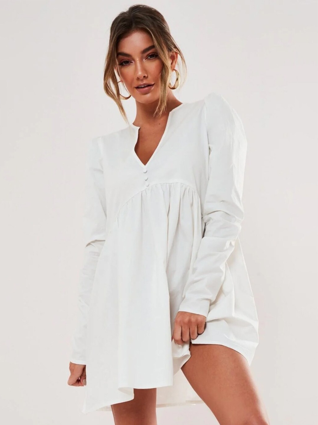 

Styched V-Neck Puff Sleeve Fit & Flare Dress, White