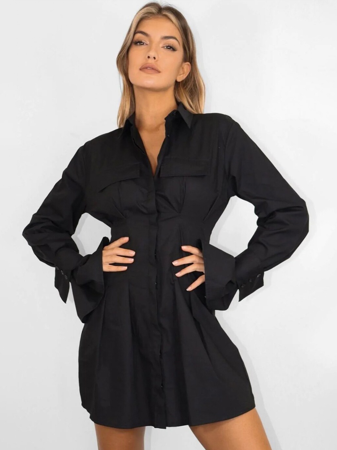 

Styched Shirt Collar Shirt Cotton Mini Dress, Black