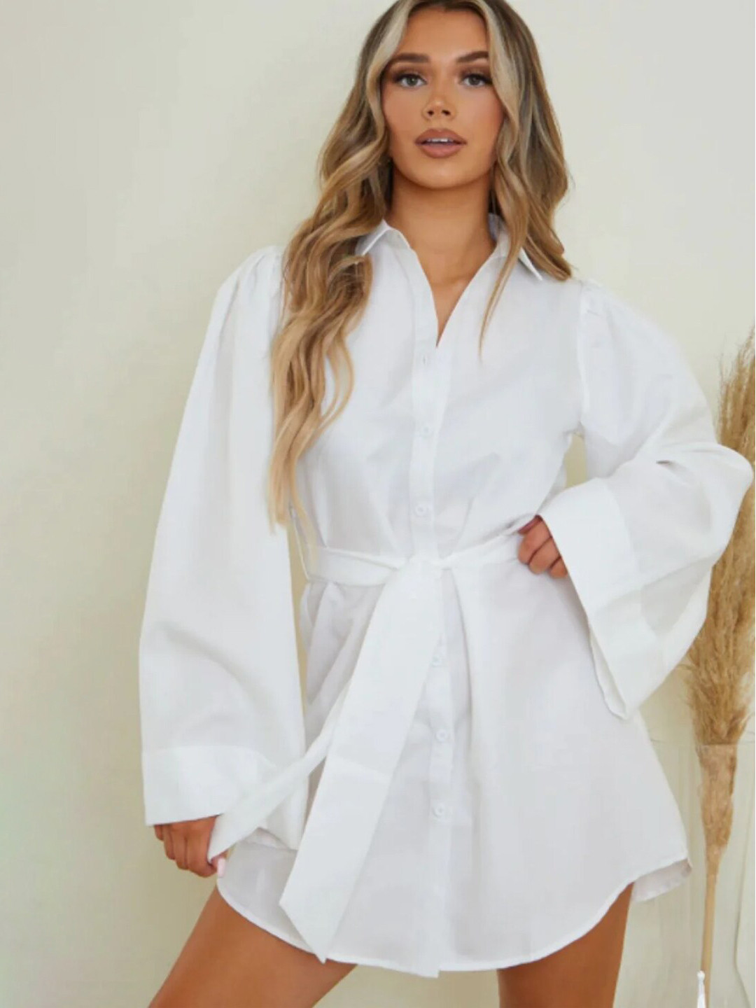 

Styched Flared Sleeve Cotton Shirt Mini Dress, White