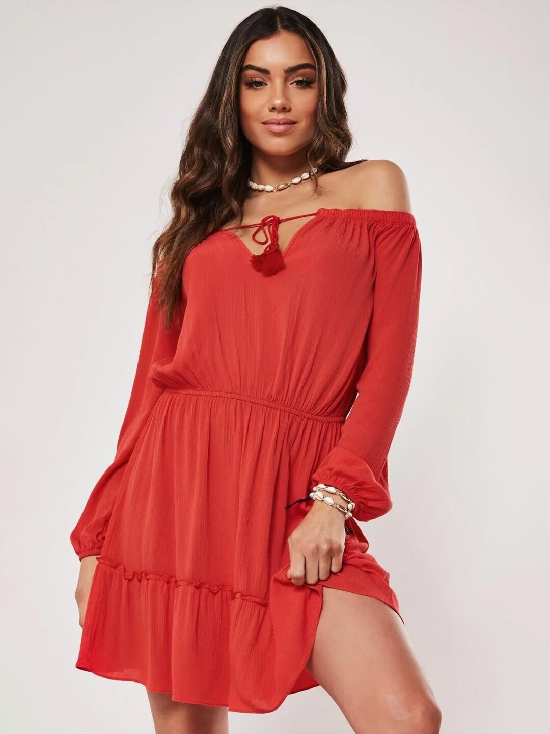 

Styched Off-Shoulder Tiered Fit & Flare Dress, Red