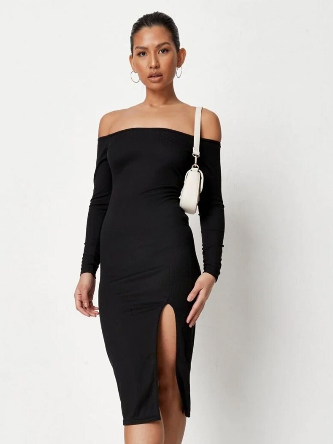 

Styched Off-Shoulder Cotton Bodycon Dress, Black