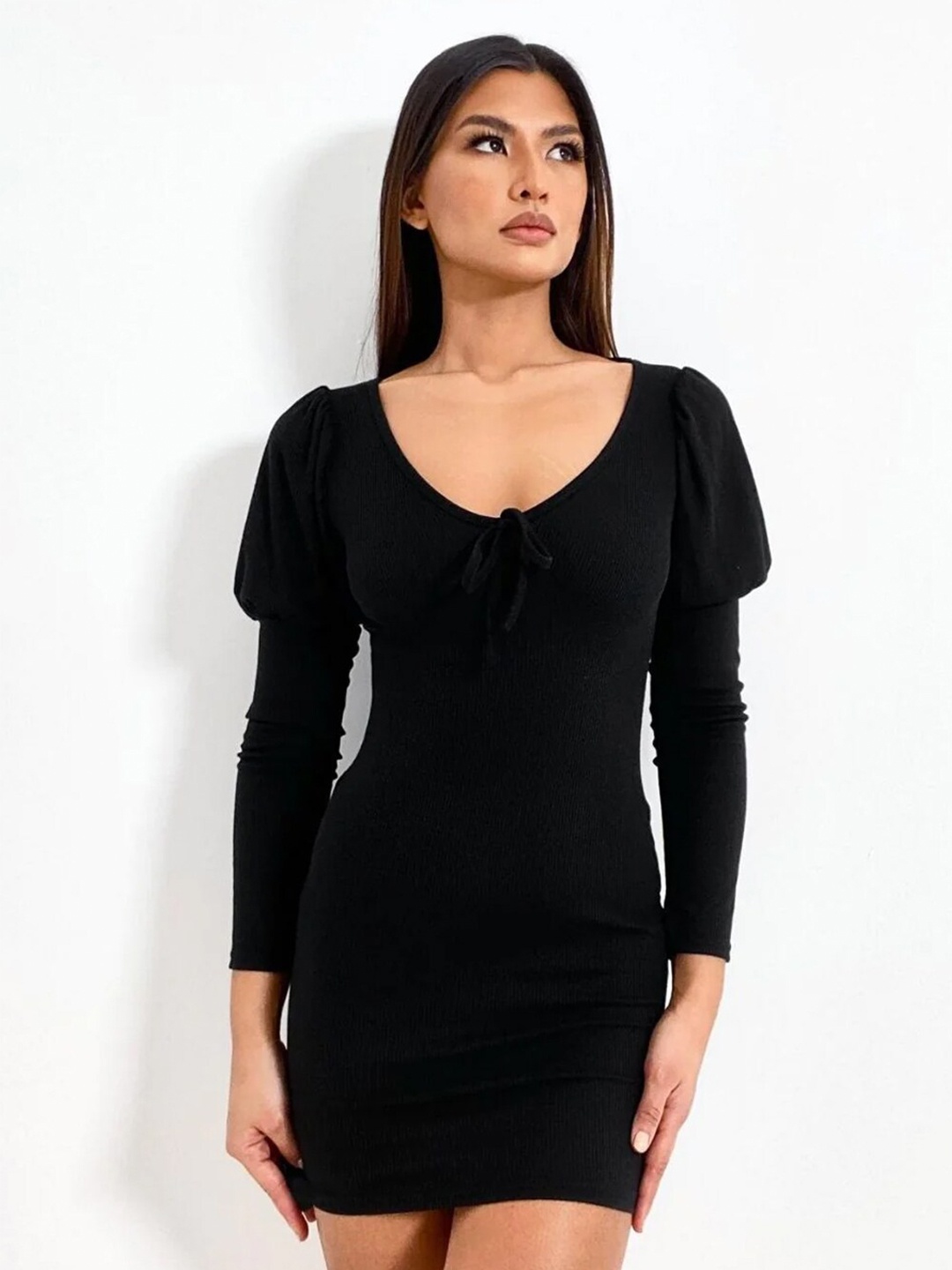 

Styched Scoop Neck Cotton Bodycon Dress, Black