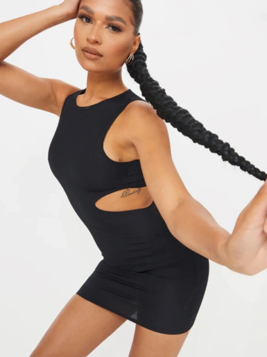 

Styched Round Neck Cut-Out Mini Bodycon Dress, Black
