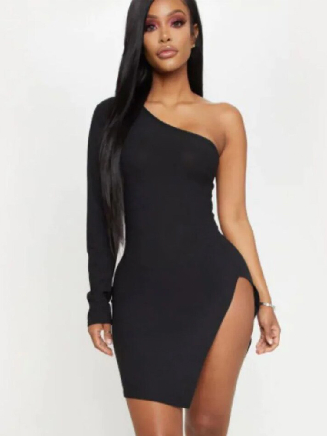 

Styched One Shoulder Bodycon Mini Dress, Black