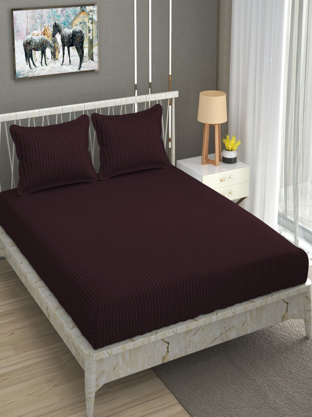 

Homefab India Burgundy Striped Cotton 180 TC Queen Bedsheet with 2 Pillow Covers