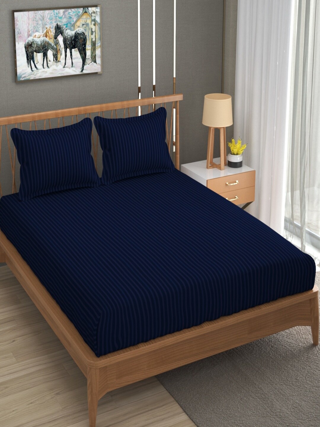 

Homefab India Navy Blue Striped Cotton 180 TC Queen Bedsheet with 2 Pillow Covers