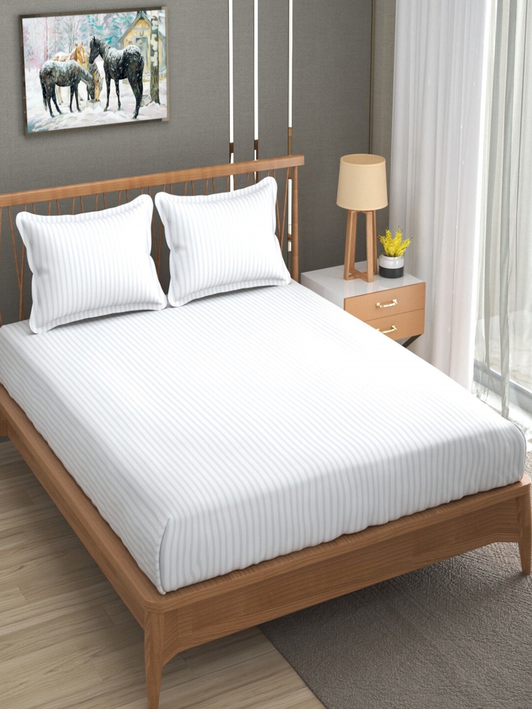 

Homefab India White Striped Cotton 180 TC Queen Bedsheet With 2 Pillow Covers