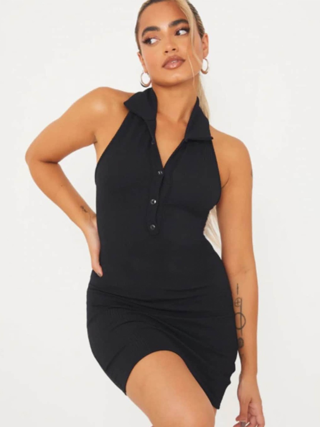 

Styched Halter Neck Sheath Mini Dress, Black