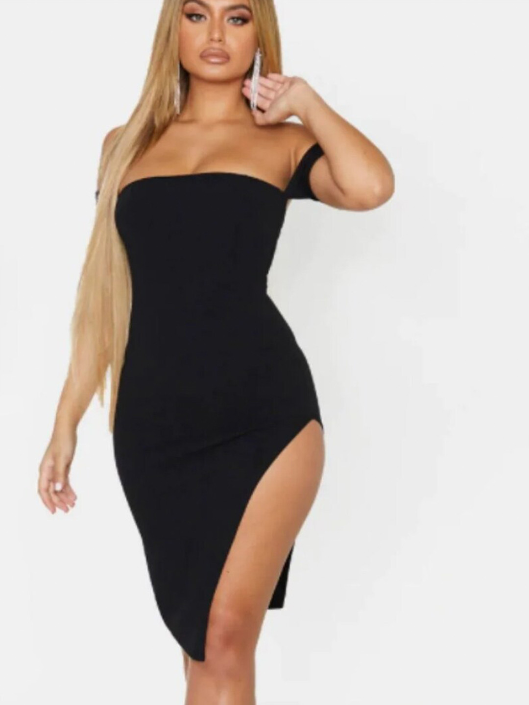 

Styched Off-Shoulder Regular Sleeves Bodycon Dress, Black