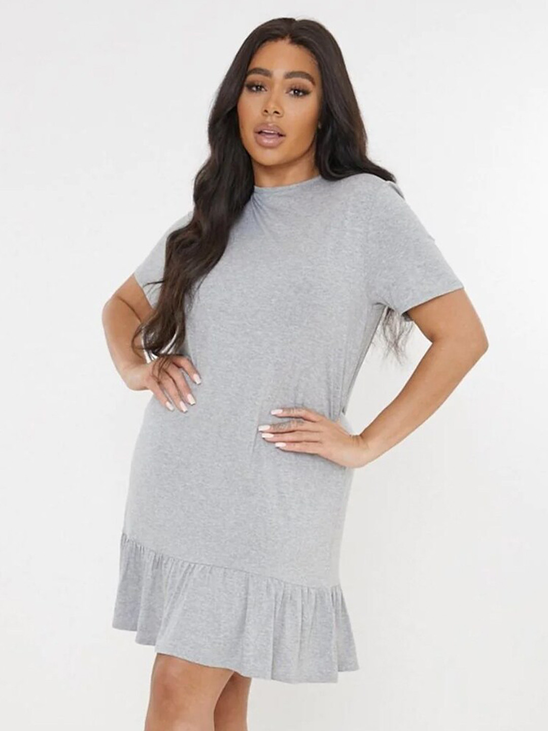 

Styched High Neck Cotton Drop-Waist Dress, Grey