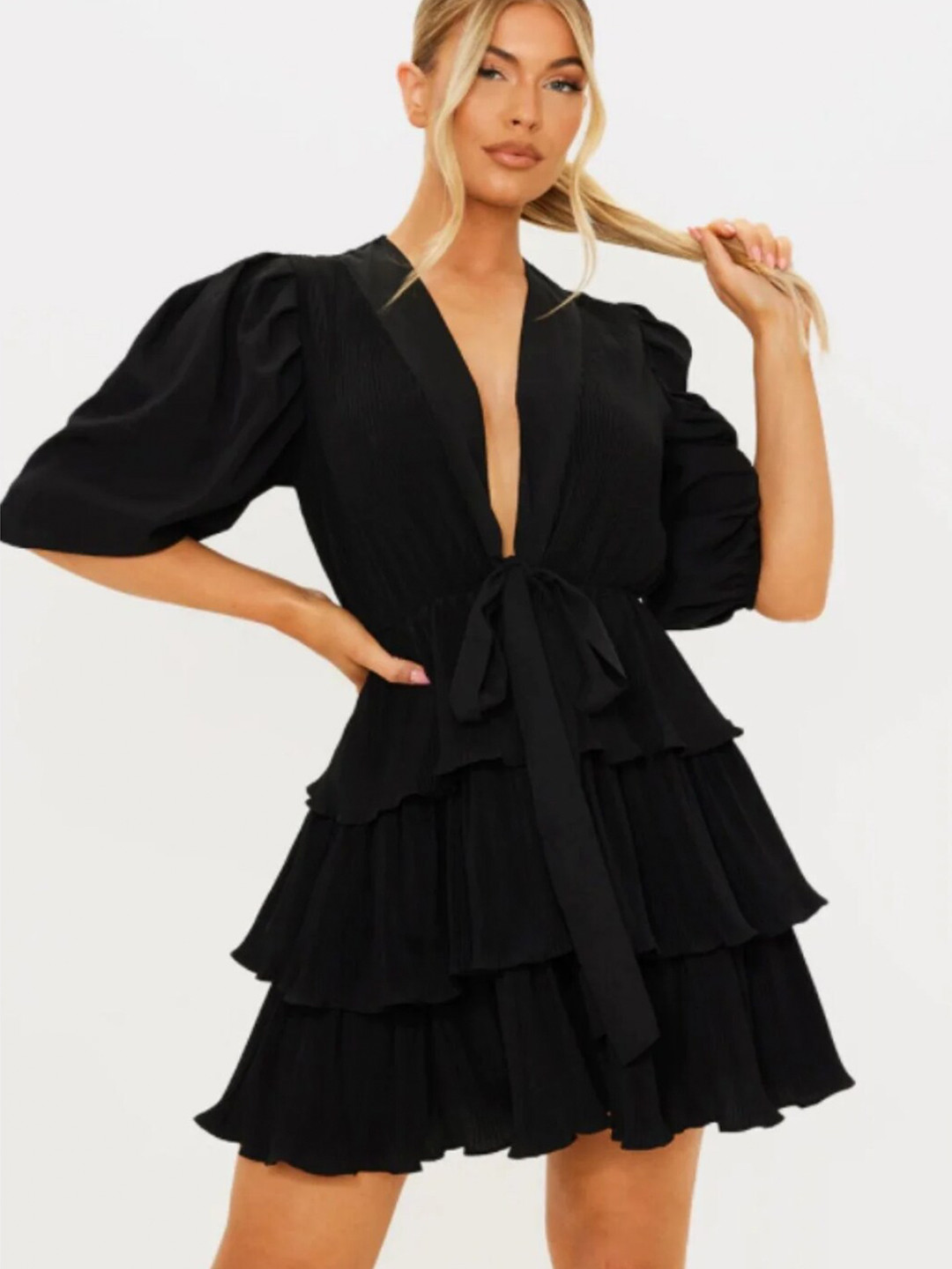 

Styched Tie Up Neck Puff Sleeves Layered Fit & Flare Mini Dress, Black