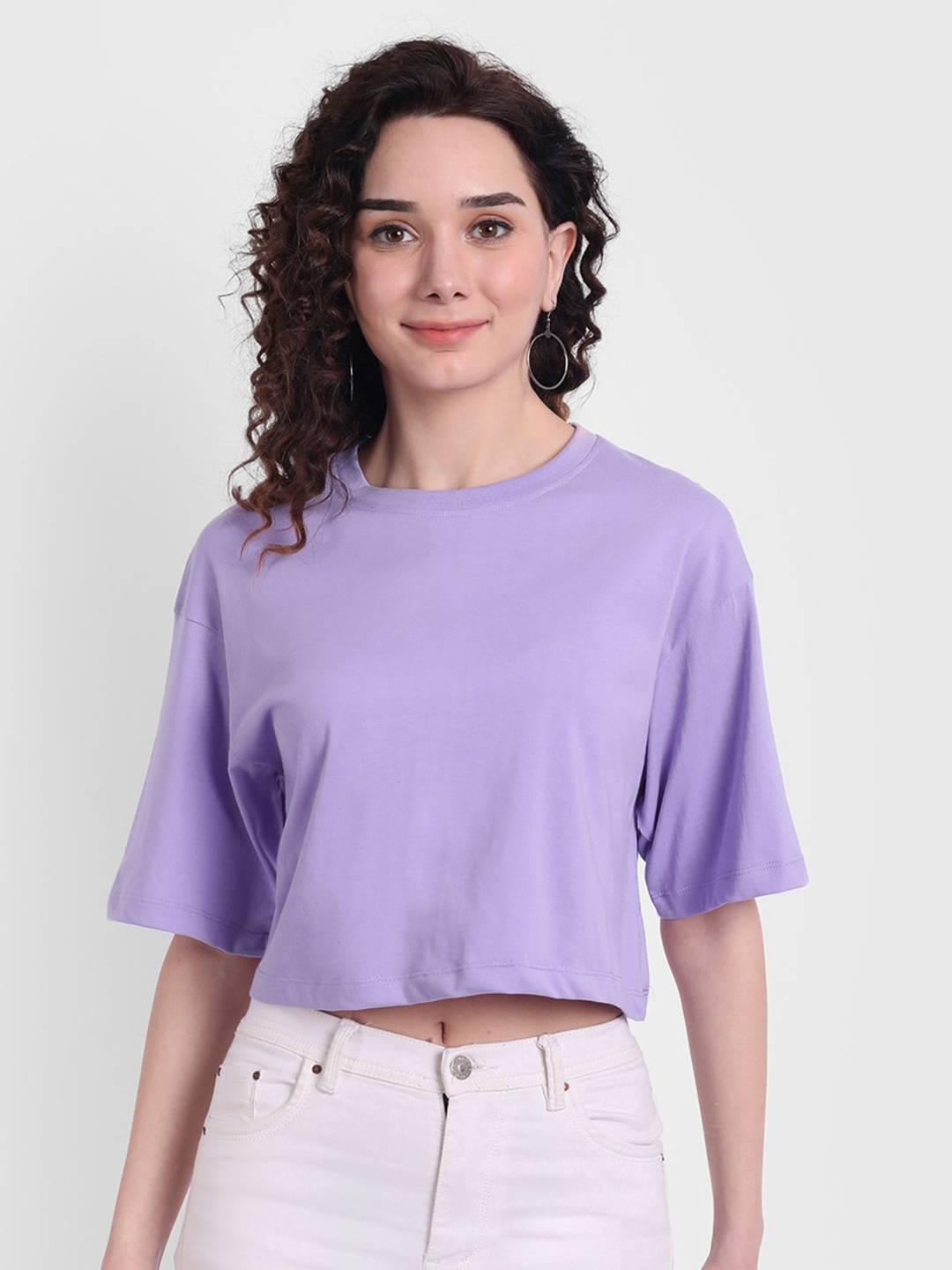 

COLOR CAPITAL Drop Shoulder Sleeves Boxy Pure Cotton T-shirt, Lavender