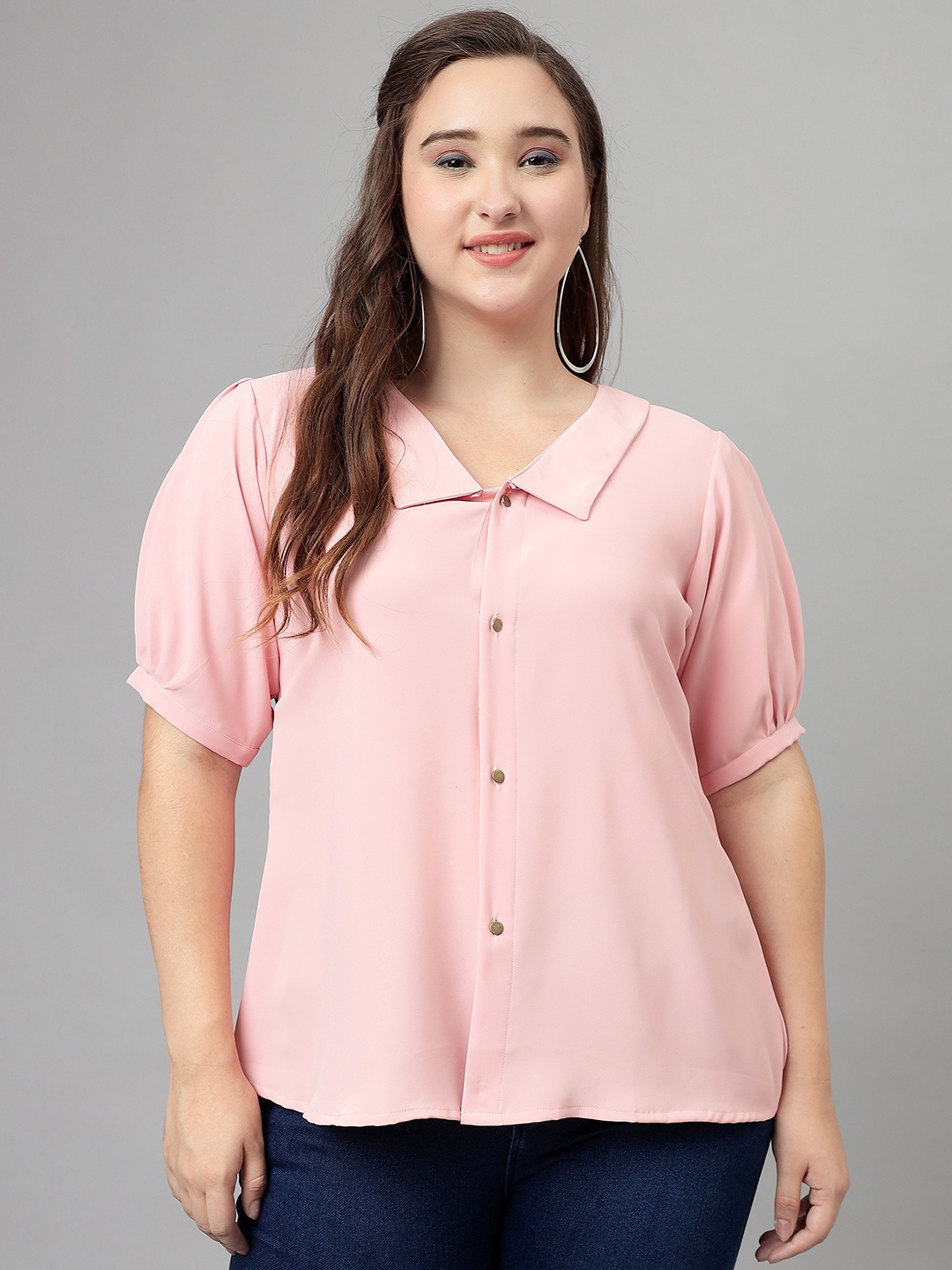 

Curvy Lane Puff Sleeves Shirt Style Top, Pink