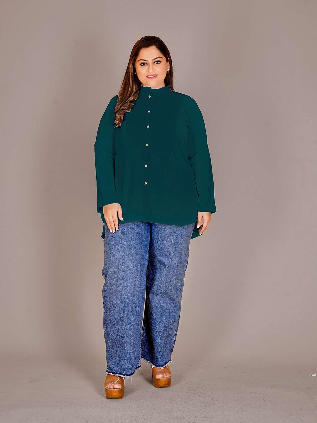 

Curvy Lane Mandarin Collar Shirt Style Top, Green