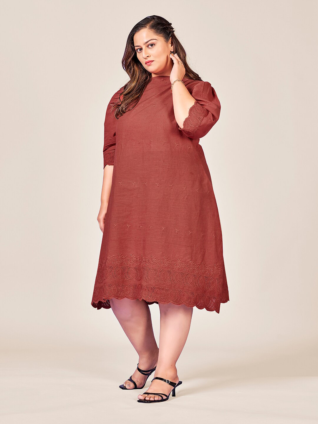 

Curvy Lane Plus Size Self Design Schiffli Boat Neck Puff Sleeves Cotton A-Line Dress, Rust