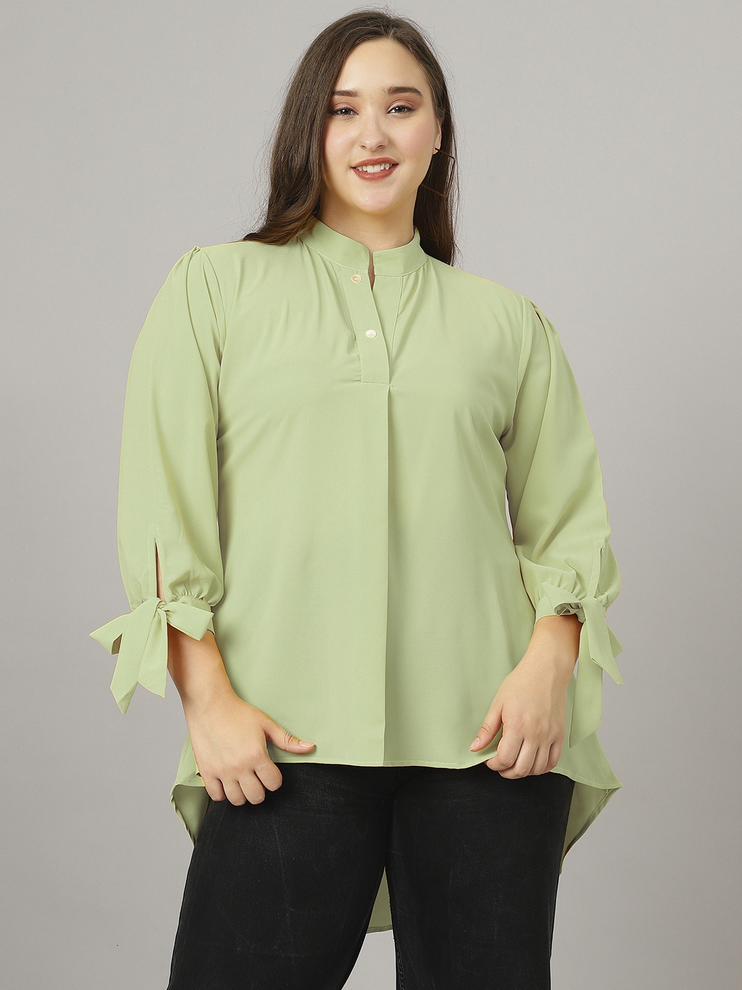 

Curvy Lane Plus Size Mandarin Collar High Low Top, Green