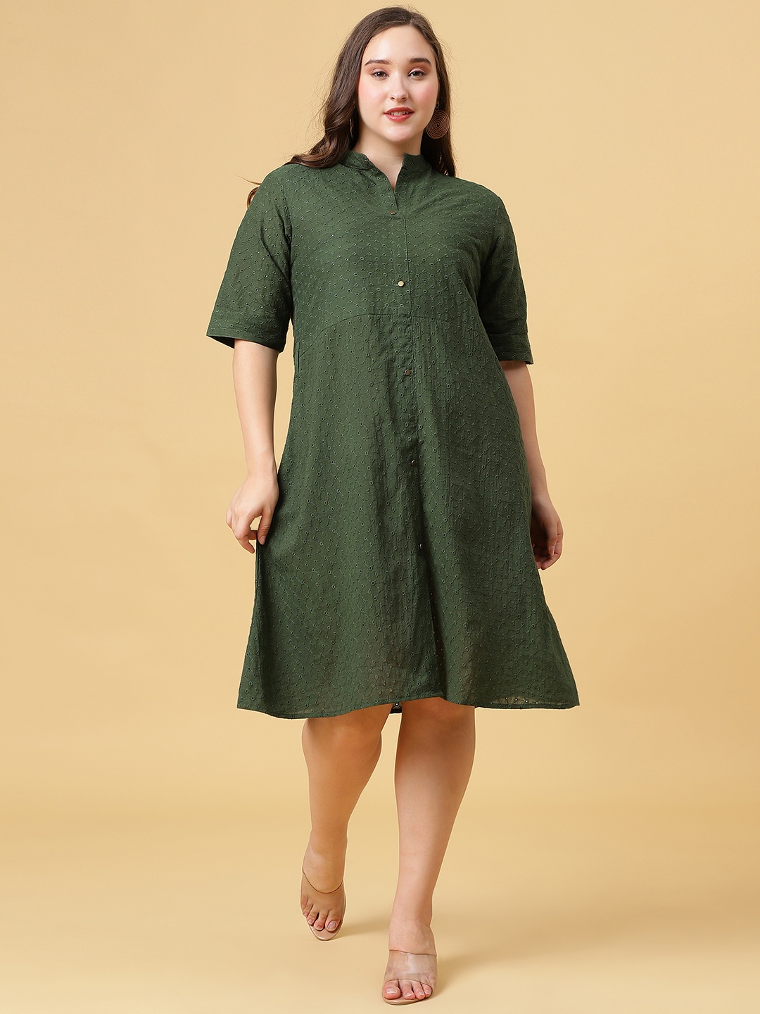 

Curvy Lane Plus Size Self Design Schiffli Band Collar Roll-Up Sleeves Cotton Shirt Dress, Green