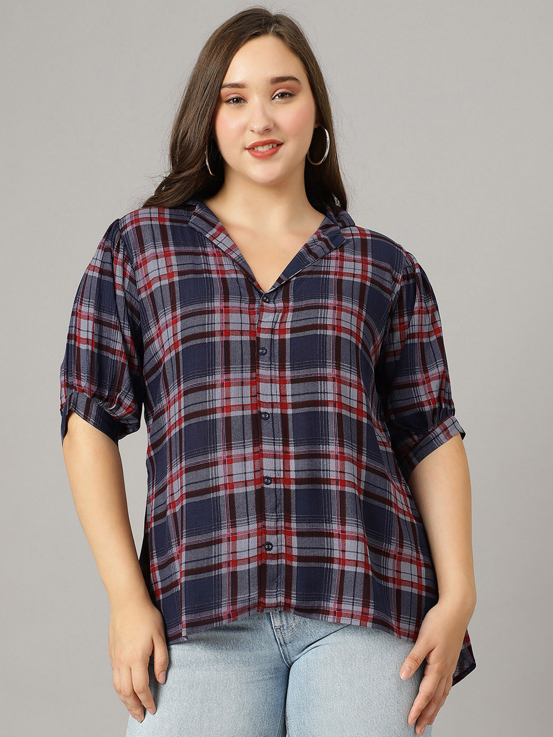 

Curvy Lane Women Tartan Checks Opaque Checked Casual Shirt, Blue